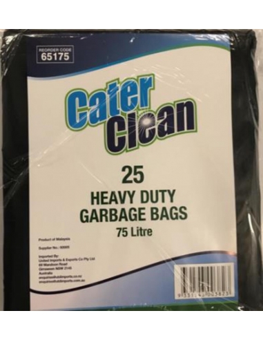 Cater Clean Bags Garbage 75lt Heavy Duty Black 25 Pack x 1