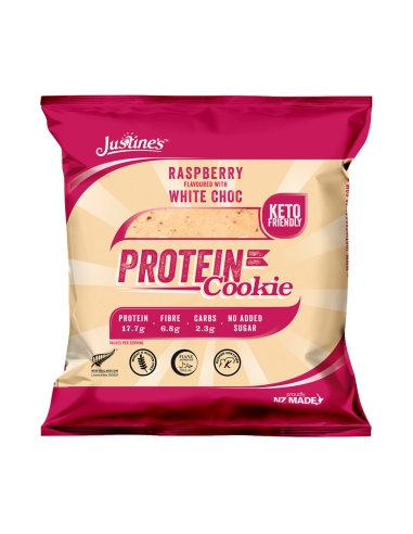 Justine's Keto-freundliche Himbeer-Weiß-Schoko-Proteinkekse 64 g x 12
