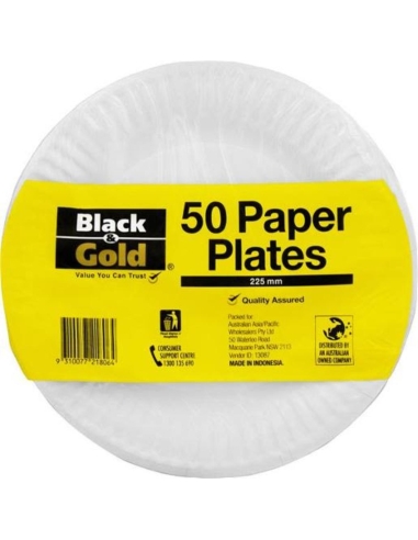 Black & Gold Paper Plates 225mm 50 Pack