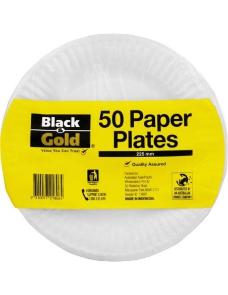 Black & Gold Paper Plates 225mm 50 Pack x 1