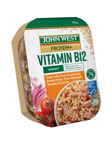 John West 蛋白质加金枪鱼配珍珠蒸粗麦粉糙米和烤箱烤番茄和洋葱 170 克 x 5