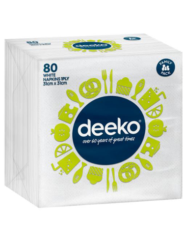 Deeko 1ply White Serviettes 80 Pack x 1
