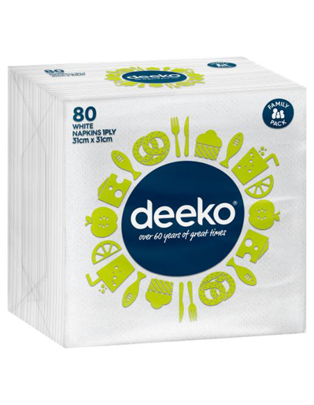 Deeko 1ply White Serviettes 80 Pack x 1