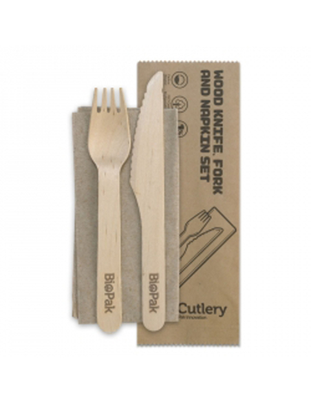 Biopak Tenedor y cuchillo de 16 cm y servilleta Combo 100 Pack x 4