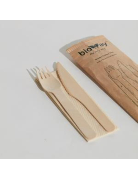 Bioway Besteck Pack Holzmesser Gabel & Serviette Kraft 400 Pack x 1