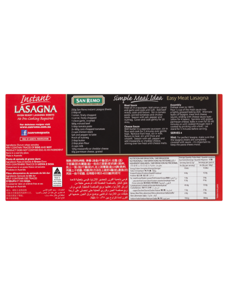 San Remo Pasta Lasagne Sheets Instant No 103 250g x 1 San Remo Pasta Lasagne Sheets Instant No 103 250g x 1