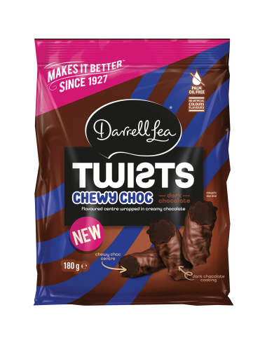 Darrell Lea Dark Chewy Chocolate Twists 180g x 12