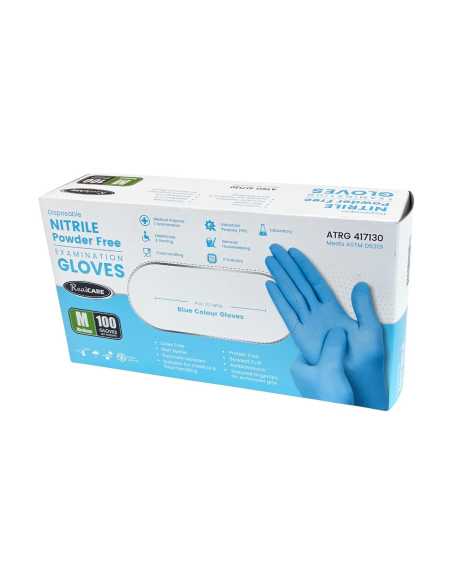Real Care Medium Size Disposable Blue Nitrile Gloves Powder Free x 100