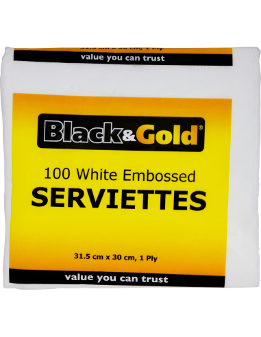 Black & Gold Serviettes 1ply White 100 Pack X 24