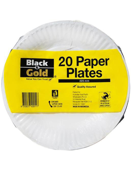 Black & Gold Paper Plates 225mm 20 Pack x 1