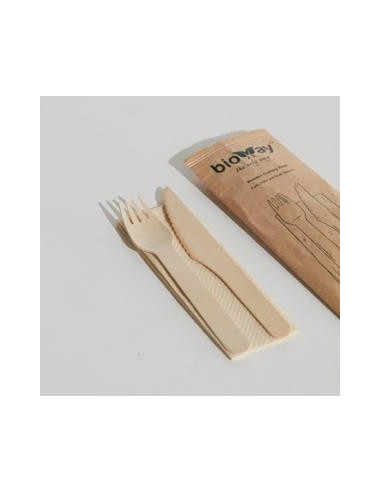 Bioway Cutlery Pack Wooden Knife Fork & Napkin Kraft 400 Pack x 1